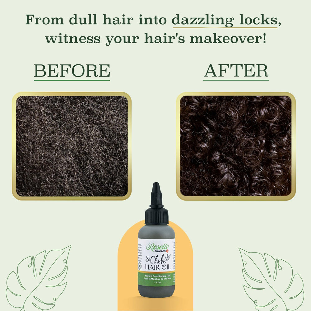 Roselle Naturals Chebe Oil closeup highlights shiny, strengthened hair strands