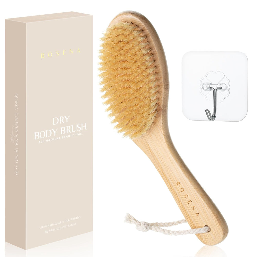 ROSENA dry brushing body brush curved handle, easy reach for exfoliating every inch