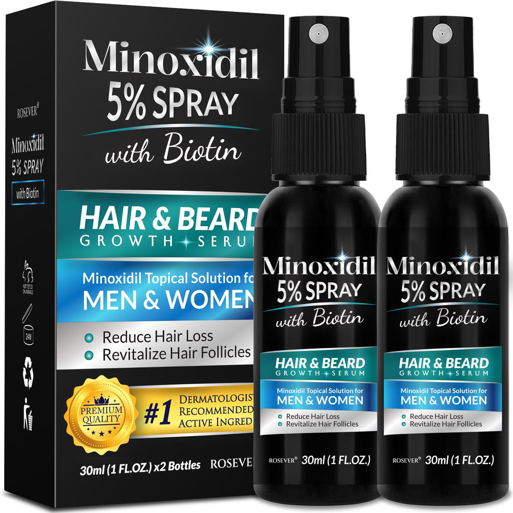Rosever minoxidil spray bottle close-up emphasizes formula for hair support.