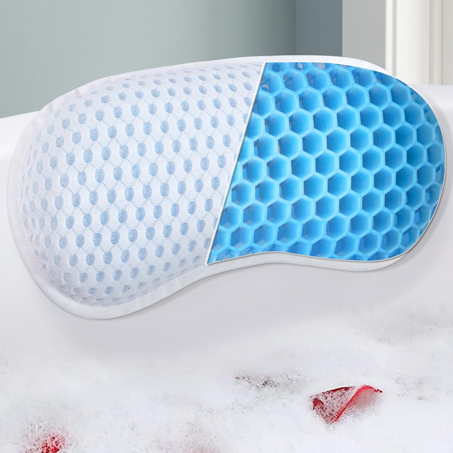 Roslim bathtub pillow front view highlighting ergonomic neck support for relaxing baths