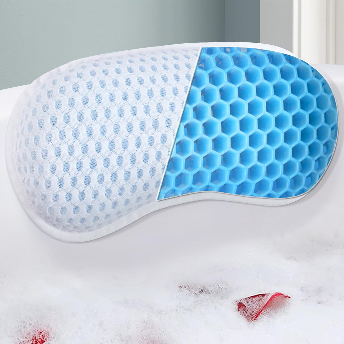 Roslim bathtub pillow front view highlighting ergonomic neck support for relaxing baths