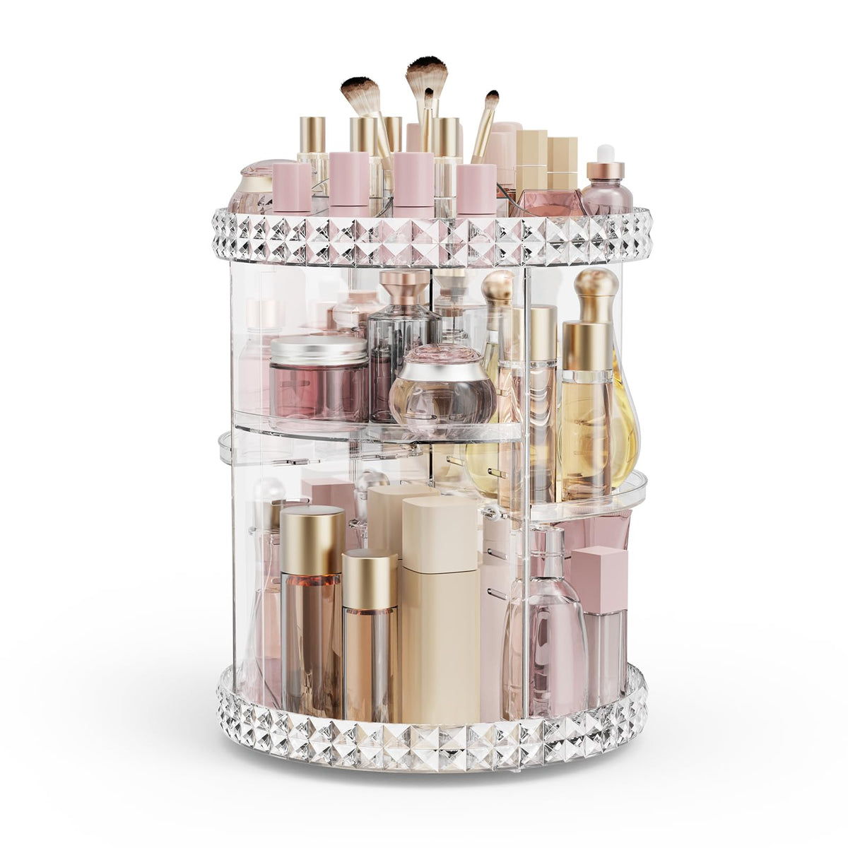 Rosoenvi rotating makeup organizer with 360° design keeps cosmetics organized and within reach.