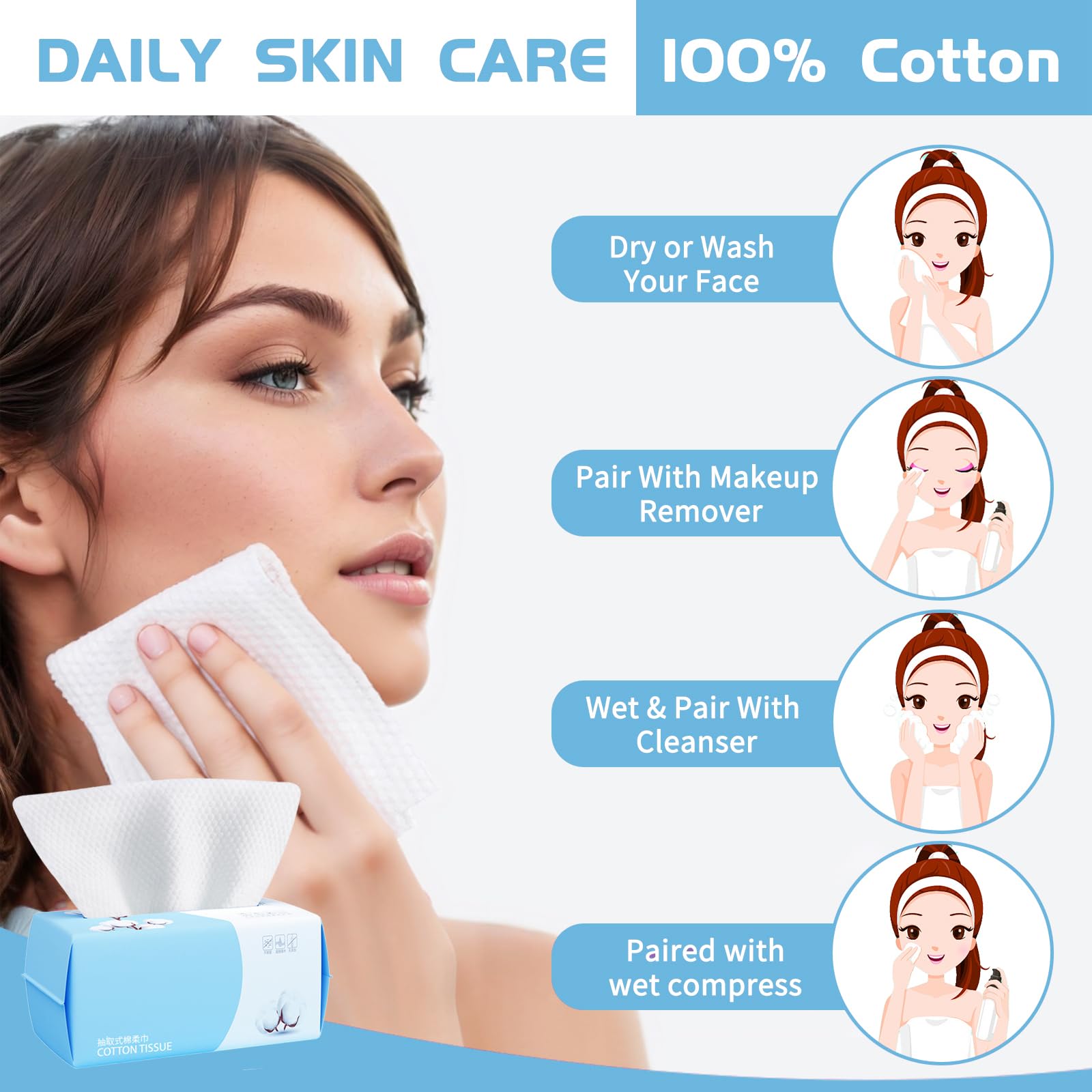 Rouceyxin cotton facial dry wipes damp for makeup removal and light cleaning