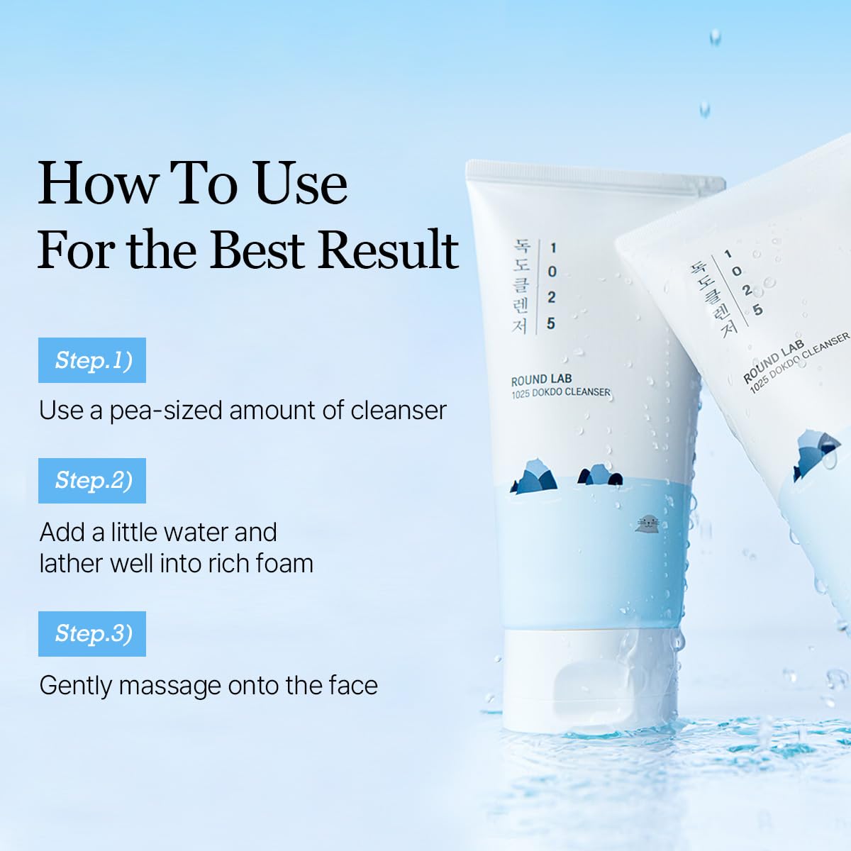 ROUND LAB 1025 Dokdo Cleanser in daily routine demonstrates gentle cleansing for routine care.