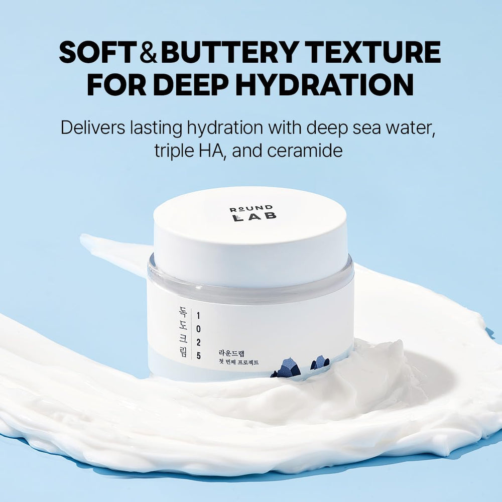 ROUND LAB 1025 Dokdo Cream closeup on smoother skin texture and glow.