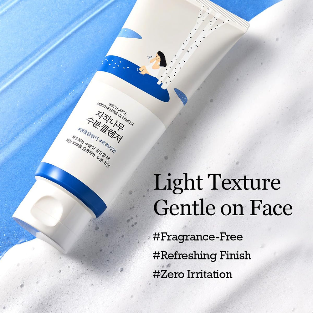ROUND LAB Birch Juice Moisturizing Cleanser gel texture close-up shows low-pH formula.