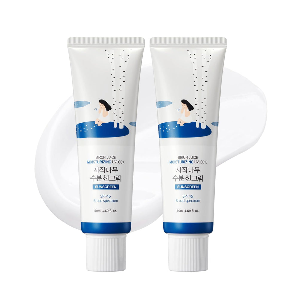 ROUND LAB Birch Juice Moisturizing UV LOCK SPF 45 bottle front shows hydrating sunscreen with no white cast.