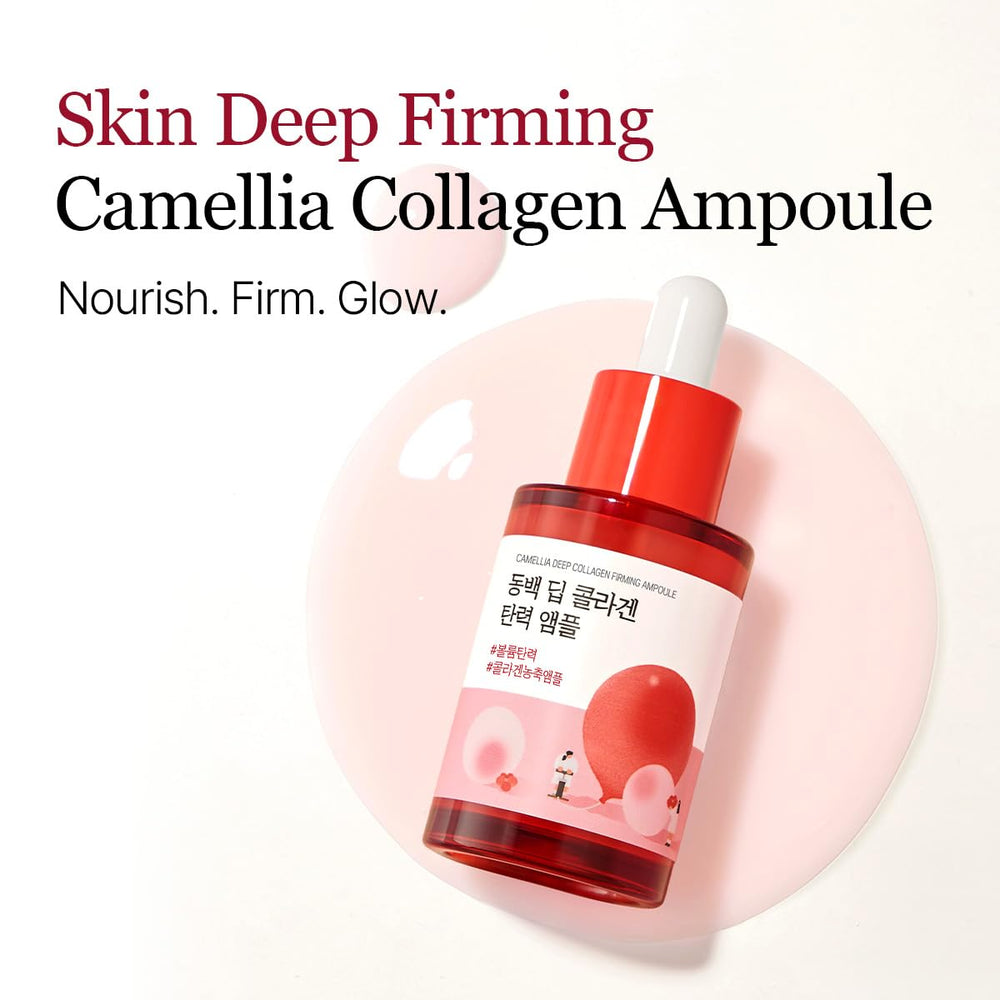 ROUND LAB Camellia Deep Collagen Ampoule serum swirl shows smooth absorption.