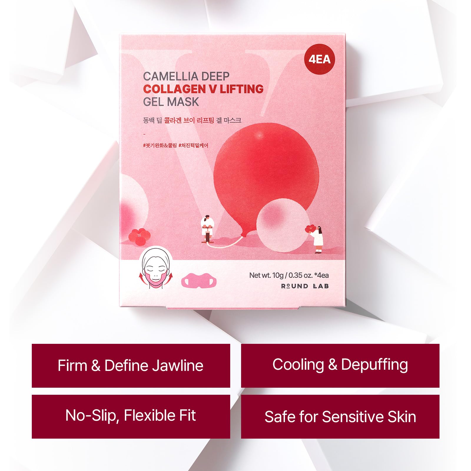 ROUND LAB camellia deep collagen V lifting mask application image suggests multitasking while wearing.