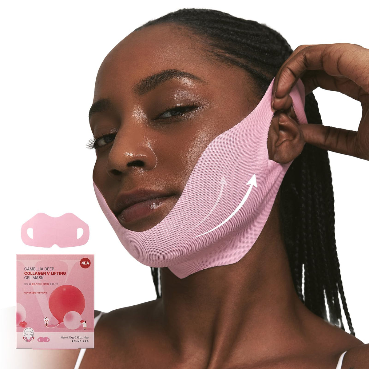 ROUND LAB camellia deep collagen V lifting mask front view for defined jawline and cooling.