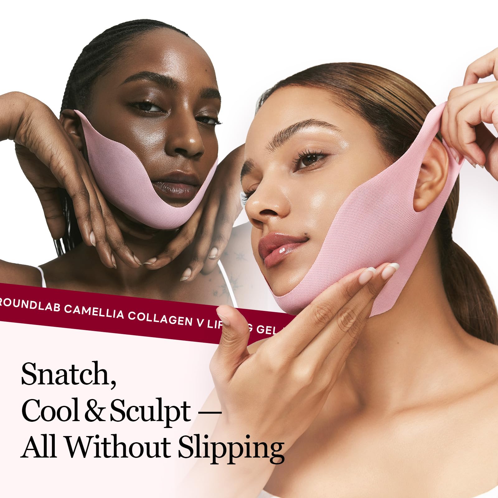 ROUND LAB camellia deep collagen V lifting mask neck closeup showing depuffing effect.