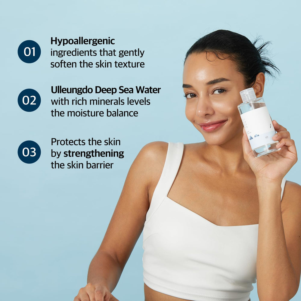 ROUND LAB Dokdo toner on vanity setup communicates daily skincare ritual simplicity.