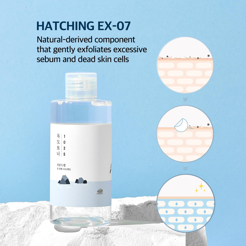 ROUND LAB Dokdo toner on cotton pad shows gentle exfoliation without irritation.