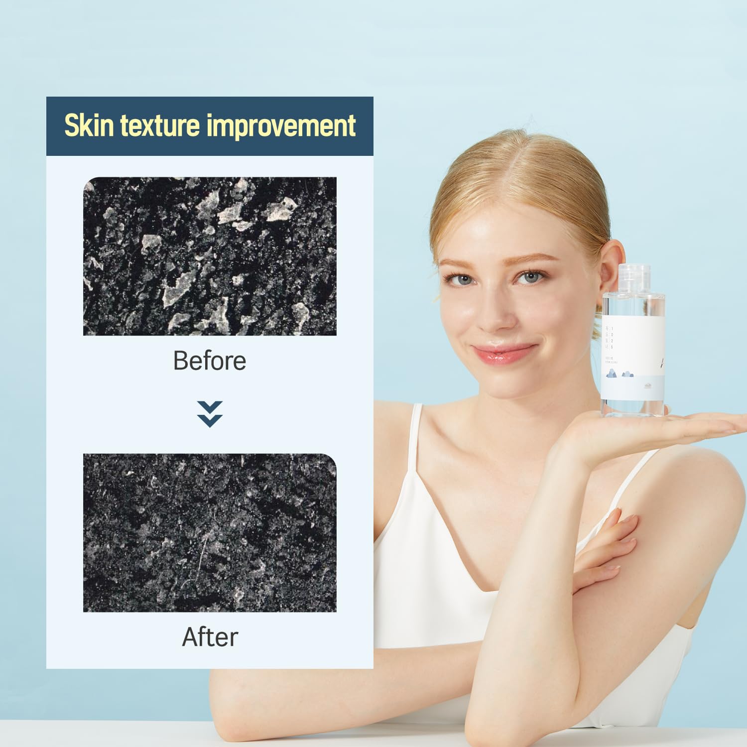 ROUND LAB Dokdo toner bottle with soothing ingredients implies hydration and texture refinement.