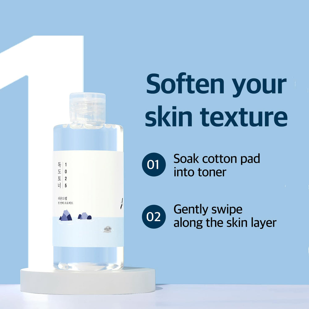 ROUND LAB Dokdo toner with visible ingredients list implies gentle exfoliation and balance.