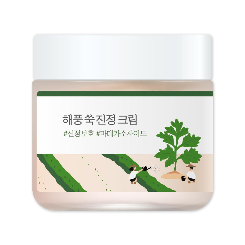 ROUND LAB Mugwort Calming Cream jar closeup showing soothing texture for irritated skin