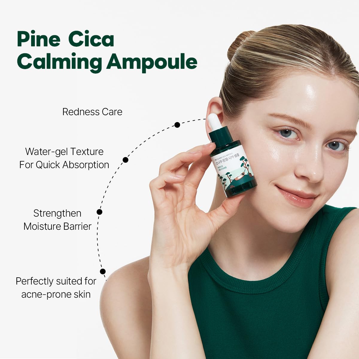 ROUND LAB Pine Calming Cica Ampoule hyaluronic acid blend supports deep hydration and plumpness.