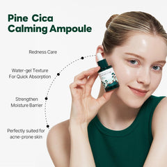 ROUND LAB Pine Calming Cica Ampoule hyaluronic acid blend supports deep hydration and plumpness.