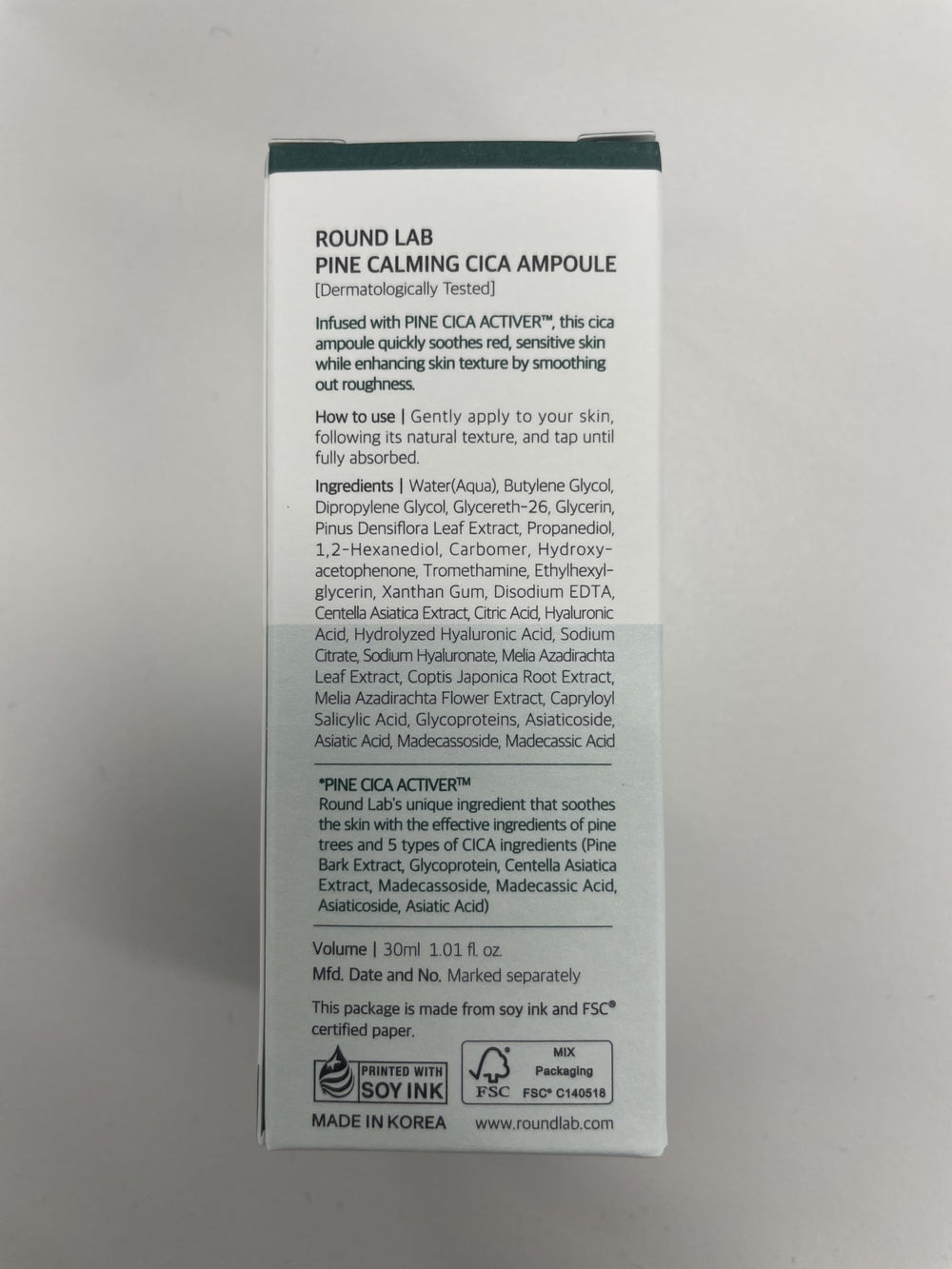 ROUND LAB Pine Calming Cica Ampoule three-hyaluron blend supports lasting moisture throughout the day.