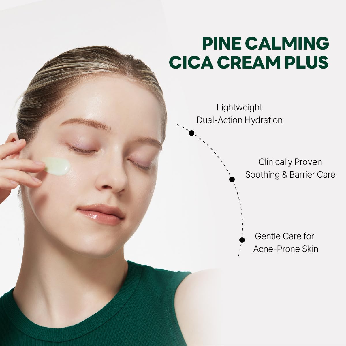 ROUND LAB Pine Cica Calming Cream Plus bottle-cap shot conveys premium daily calming care
