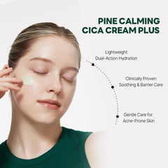 ROUND LAB Pine Cica Calming Cream Plus bottle-cap shot conveys premium daily calming care