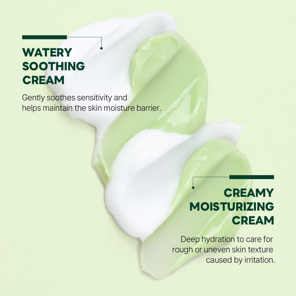 ROUND LAB Pine Cica Calming Cream Plus creamy layer swatch demonstrates moisturizing comfort without heaviness
