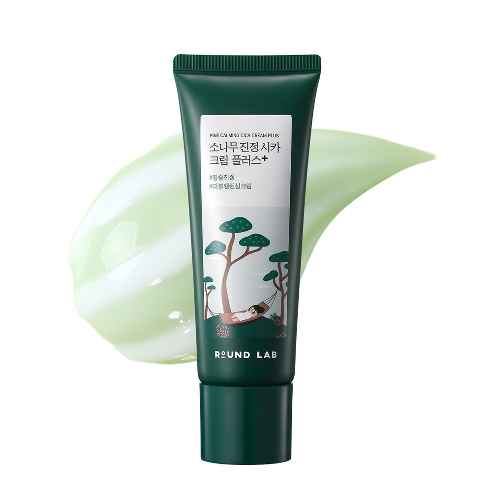 ROUND LAB Pine Cica Calming Cream Plus dual-texture jar shows lightweight hydration for sensitive, calm skin