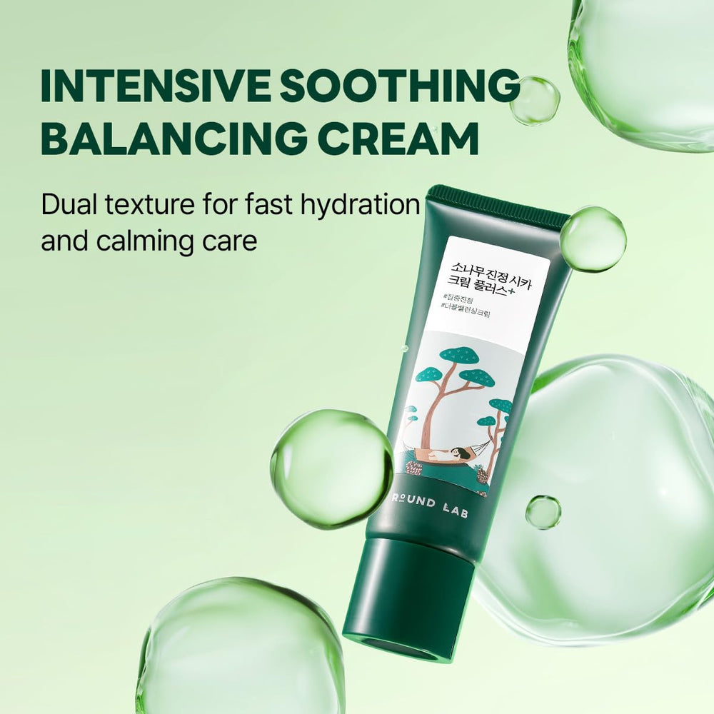 ROUND LAB Pine Cica Calming Cream Plus water gel swirl highlights refreshing hydration for irritated skin