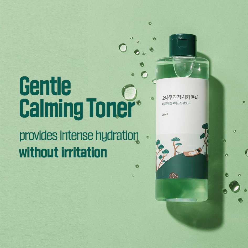 ROUND LAB Pine Calming CICA Toner on a cotton pad for gentle exfoliation.
