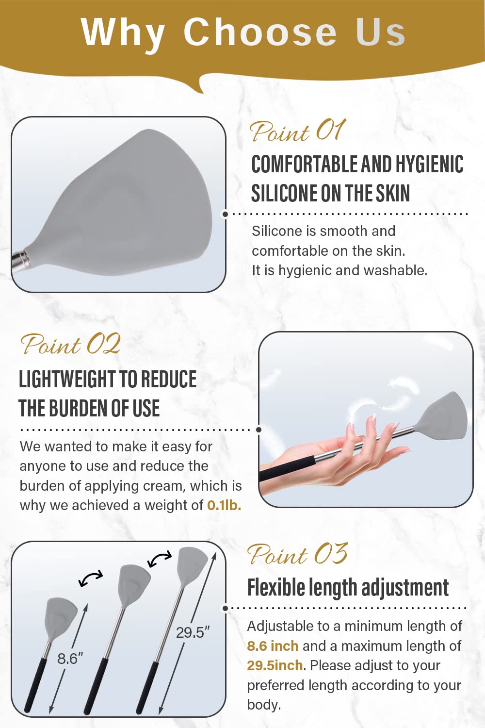 ROUNDS lightweight back cream tool weighs 1.76 oz for easy handling