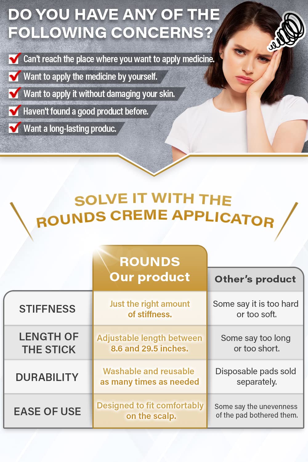 ROUNDS silicone spatula on back applicator provides smooth, hygienic contact for creams