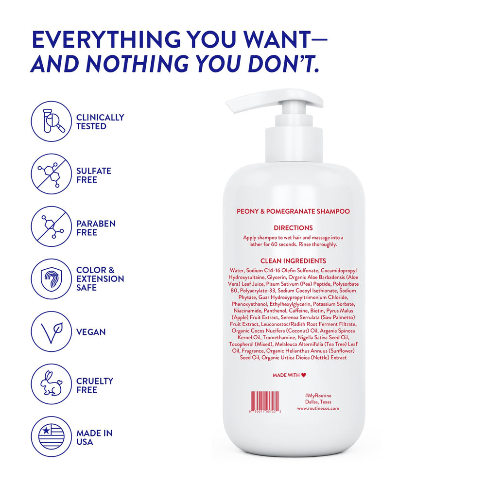 Routine Wellness 14oz bottle on vanity for a convenient daily hair-care routine