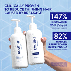 Routine Wellness anti-thinning conditioner tube on display promotes smoother, stronger hair.