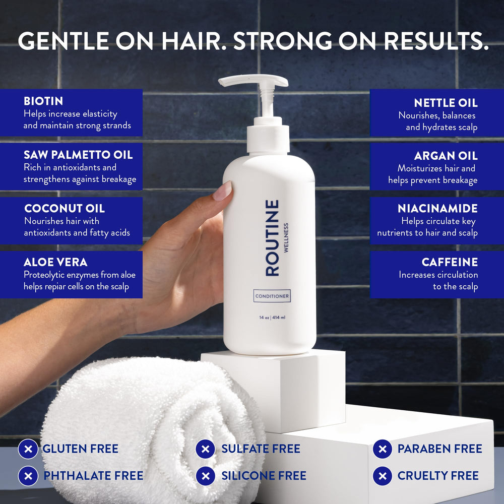 Routine Wellness Anti-Thinning Deep Conditioner with cucumber scent; enhances volume and softness.