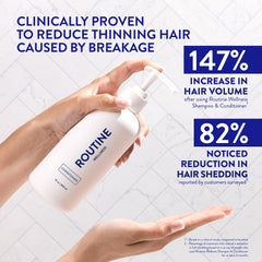 Routine Wellness anti-thinning deep conditioner ingredients scene shows plant-based extracts for strong hair.