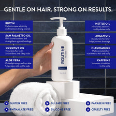 Routine Wellness anti-thinning shampoo biotin and saw palmetto ingredients close-up