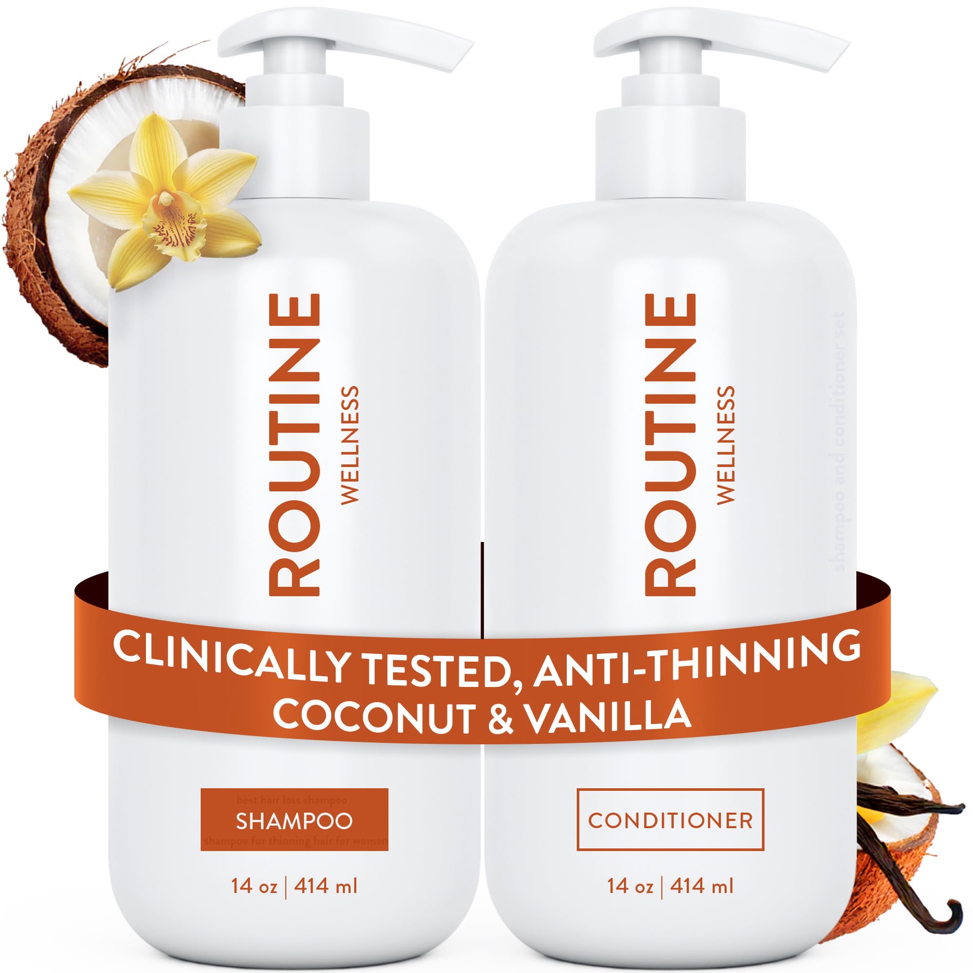 Routine Wellness anti-thinning shampoo bottle front view promotes fuller-looking hair.