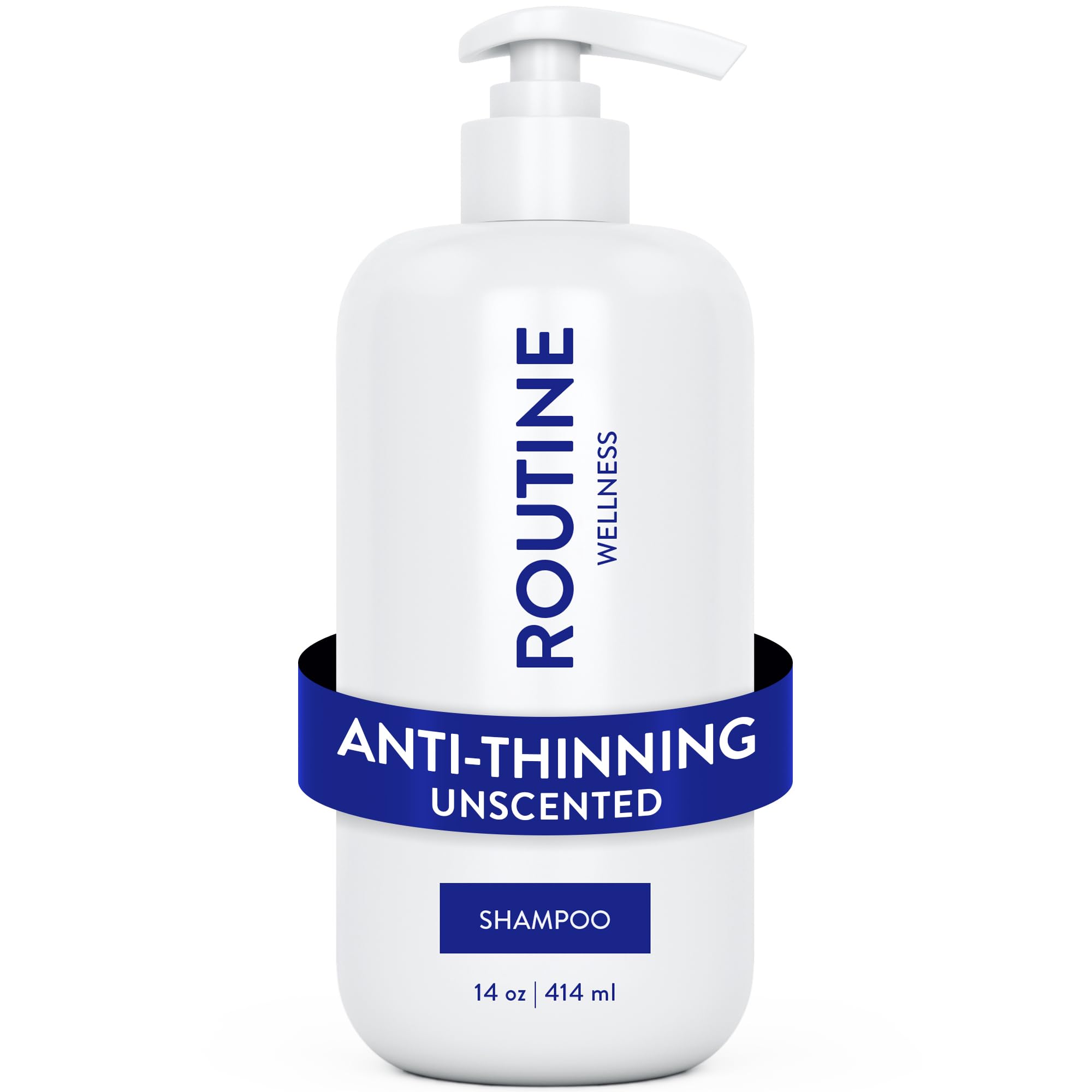 Routine Wellness anti-thinning shampoo bottle pour shows color-safe, sulfate-free cleansing for thinning hair.