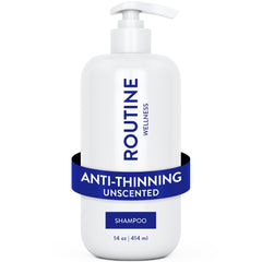Routine Wellness anti-thinning shampoo bottle pour shows color-safe, sulfate-free cleansing for thinning hair.