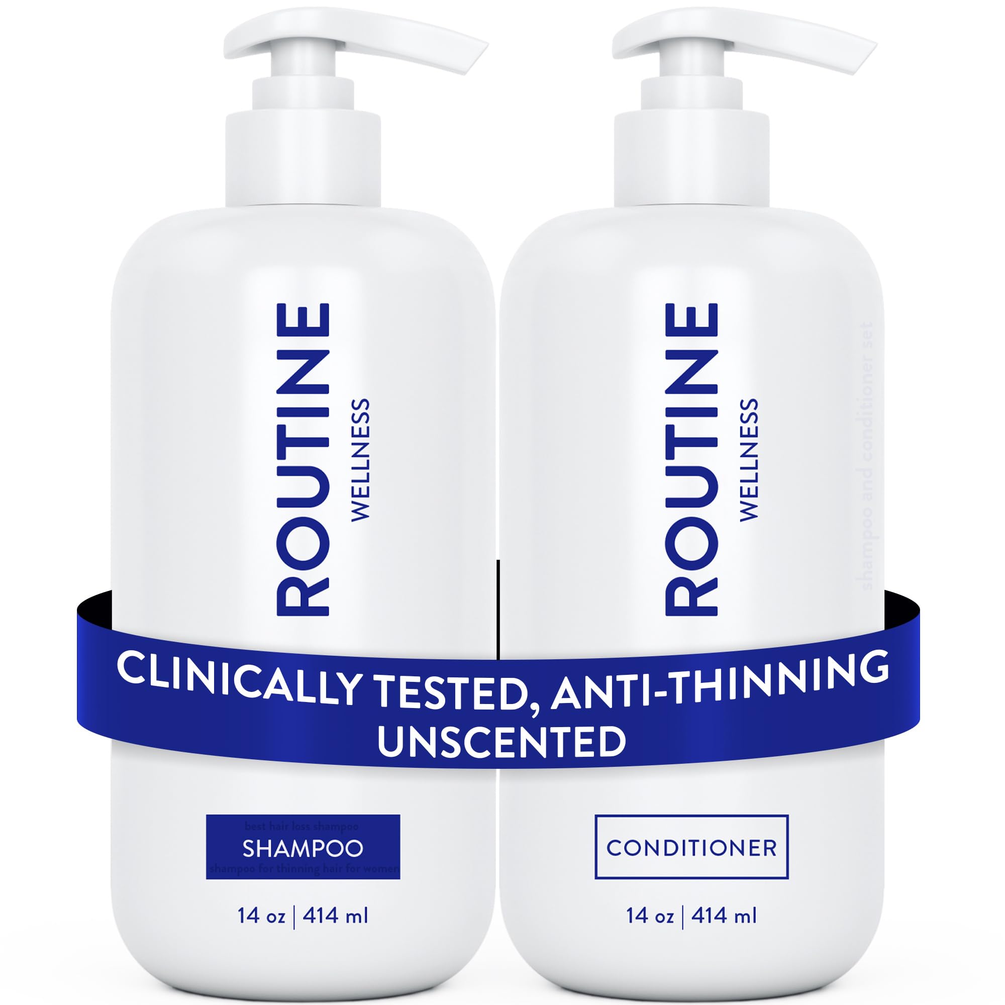 Routine Wellness anti-thinning shampoo bottle shows pea peptides for fuller-looking hair