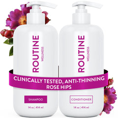 Routine Wellness anti-thinning shampoo bottle promoting fuller-looking roots.