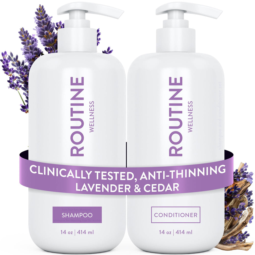 Routine Wellness anti-thinning shampoo bottle—sleek packaging for fuller-looking hair support.