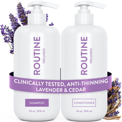 Routine Wellness anti-thinning shampoo bottle—sleek packaging for fuller-looking hair support.