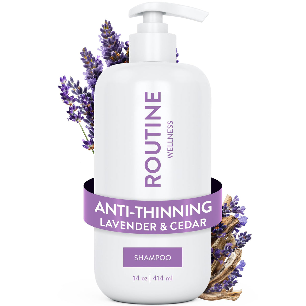 Routine Wellness Anti-Thinning Shampoo lavender-cedar bottle highlights color-safe formula and soothing scent.