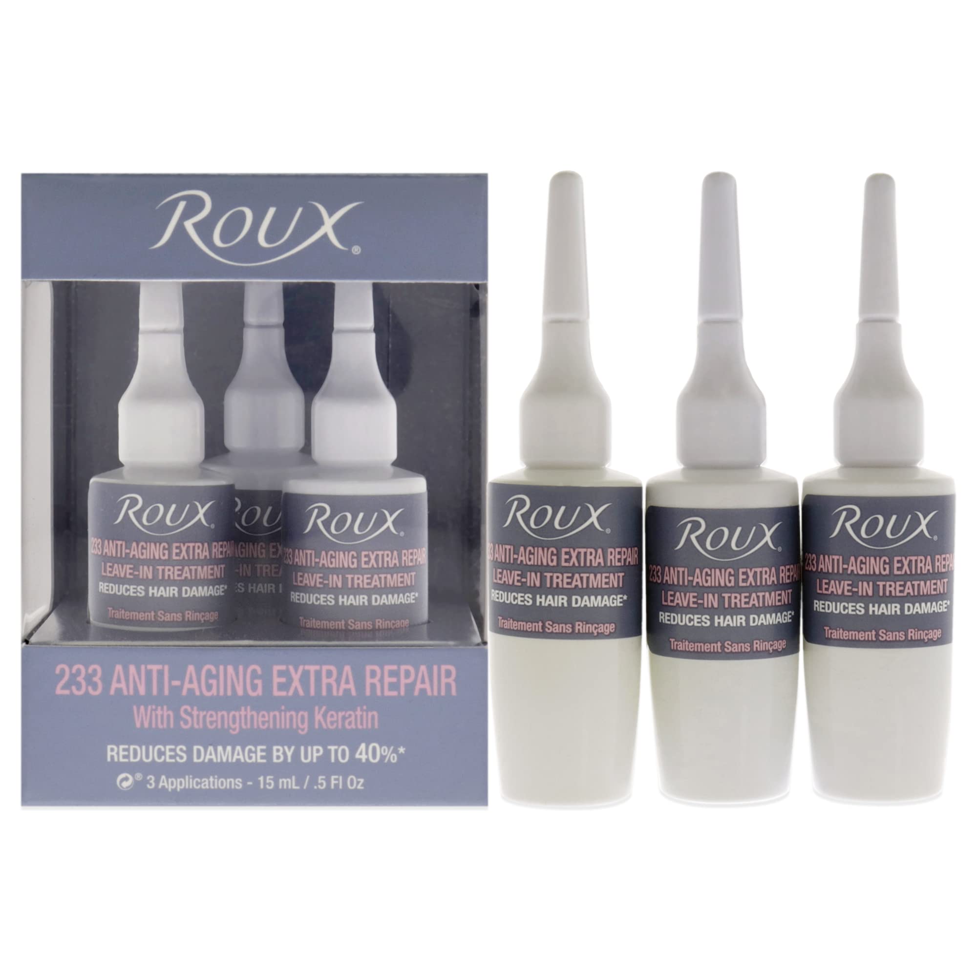 Roux 233 Anti-Aging bottle pouring to reduce breakage in color-treated hair