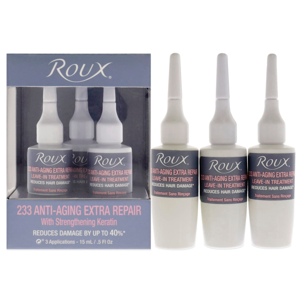 Roux 233 Anti-Aging bottle pouring to reduce breakage in color-treated hair