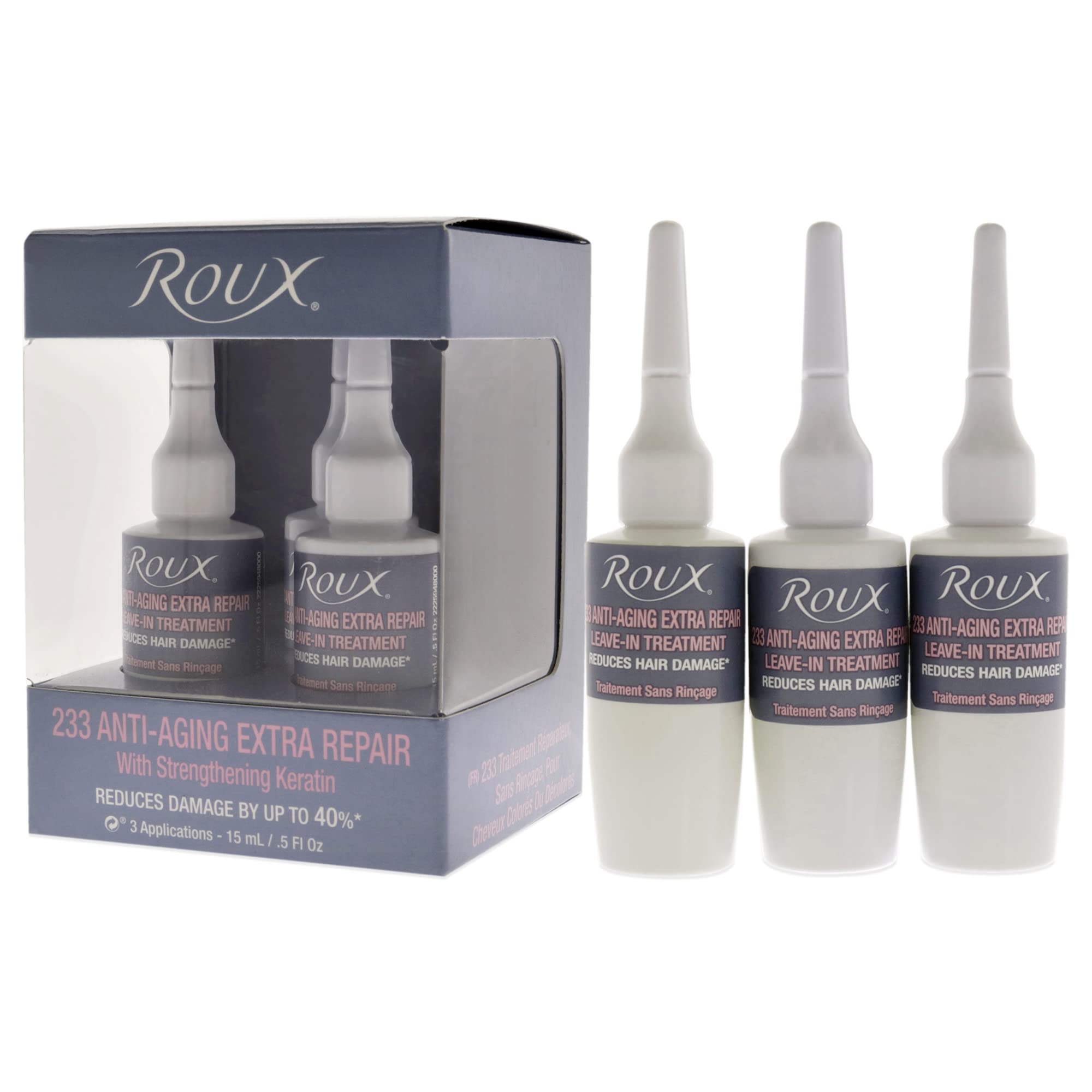 Roux 233 packaging close-up shows compact weekly-use kit for hair repair