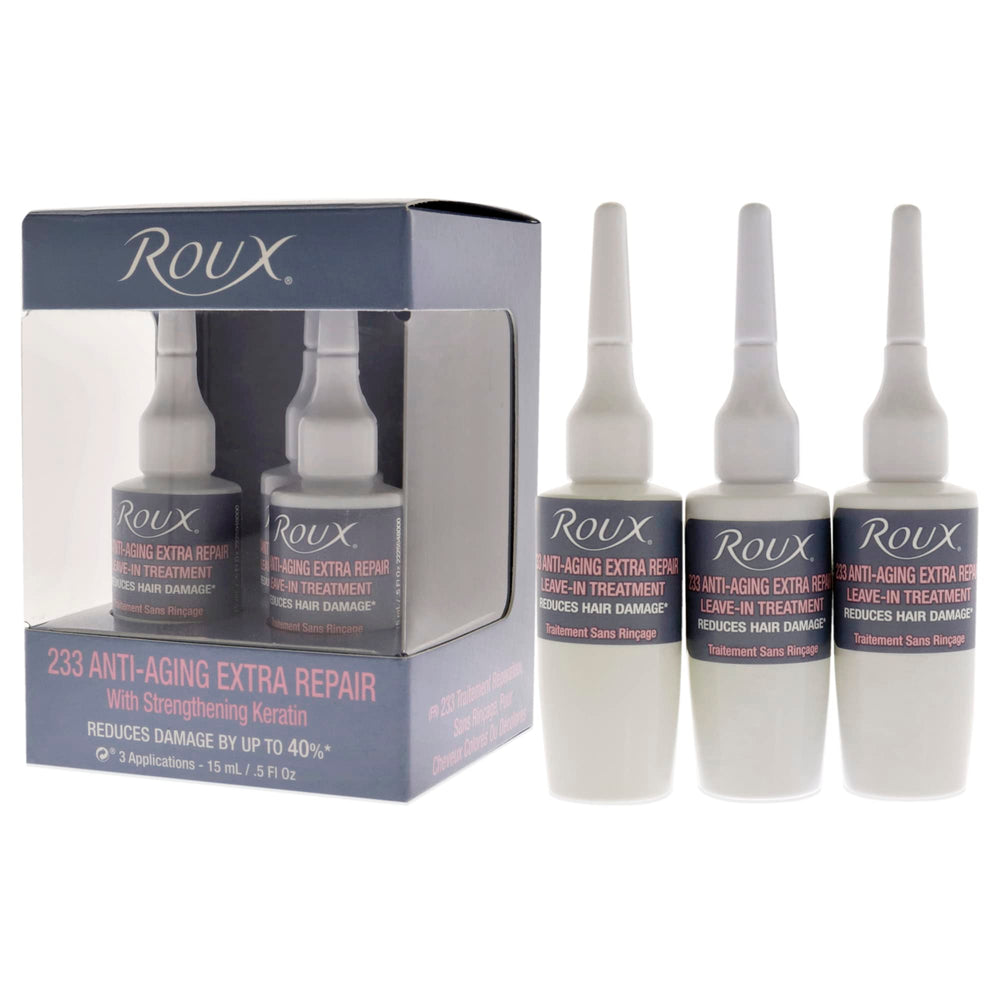 Roux 233 packaging close-up shows compact weekly-use kit for hair repair