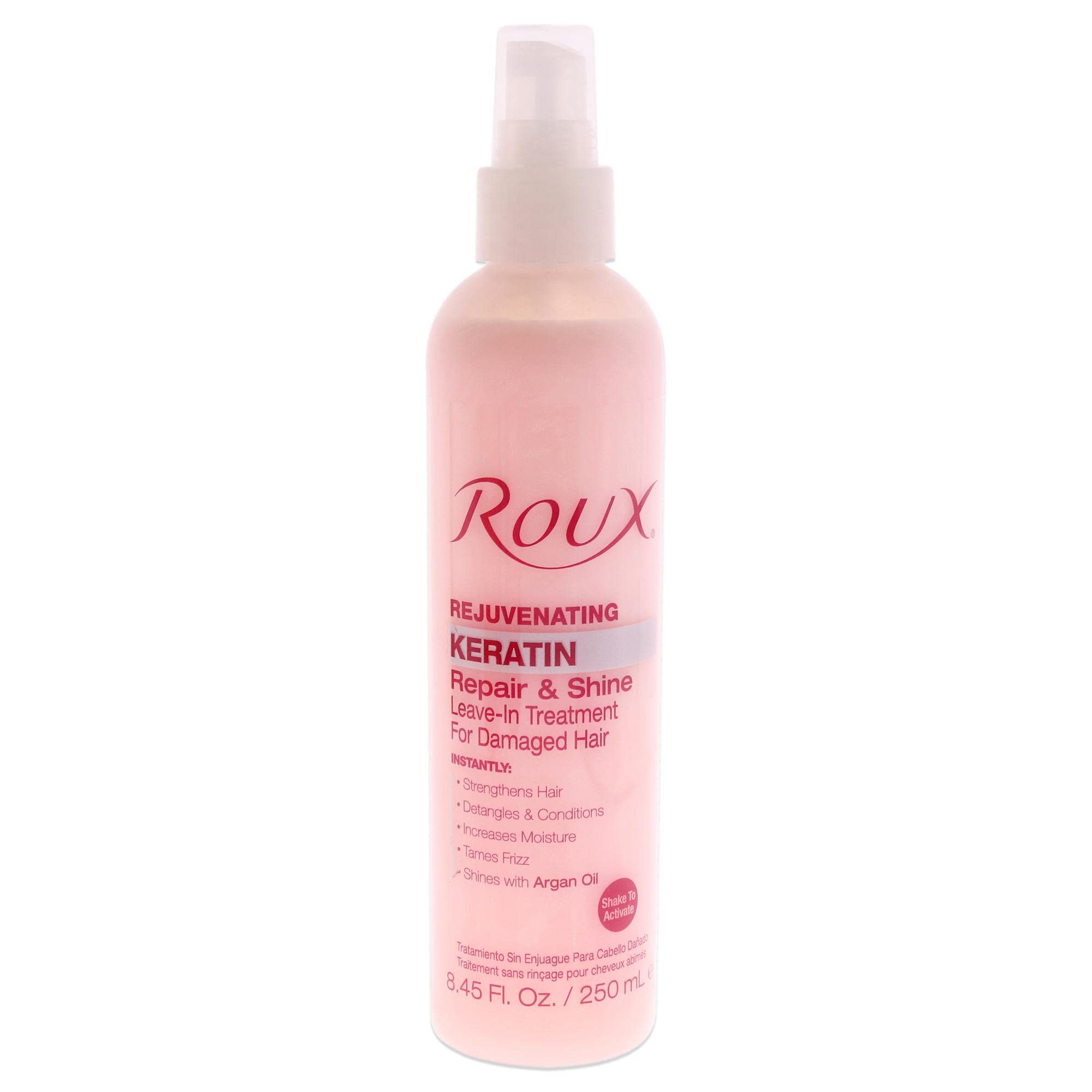 Roux Argan Oil Keratin Leave-in bottle — detangles, strengthens, and adds shine.