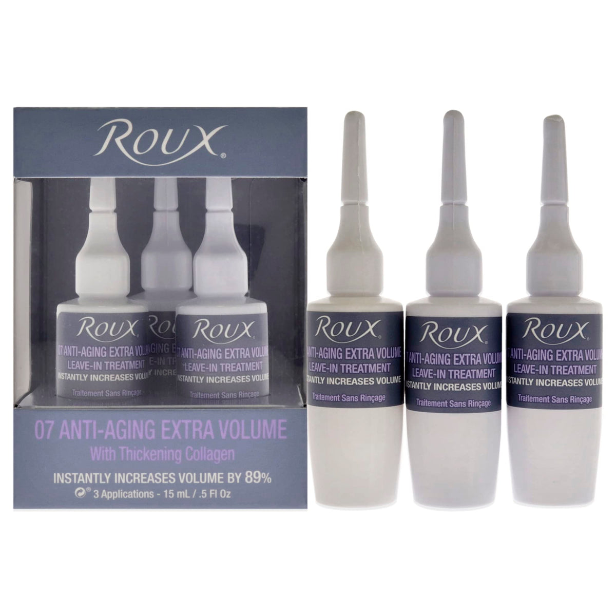 Roux collagen leave-in treatment bottle pour boosts hair vitality and shine.